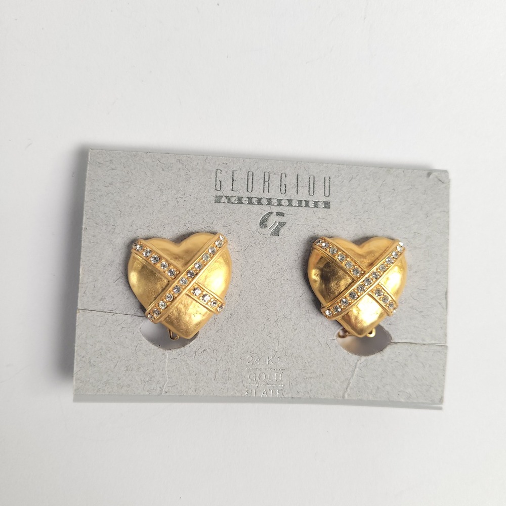 Georgiou Accessories 24KT Gold Plate Rhinestone Heart Clip‎ On Earrings Vintage